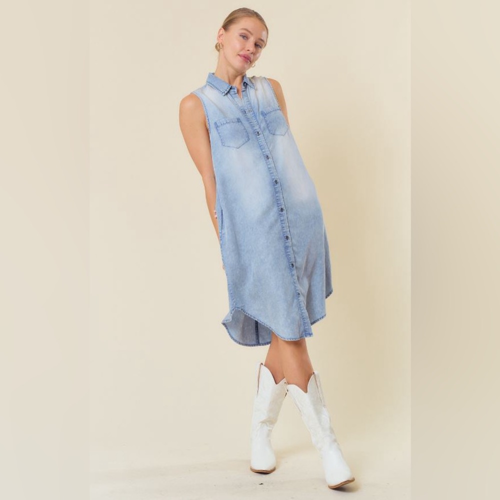 Sleeveless Denim Knee-Length Shirt Dress